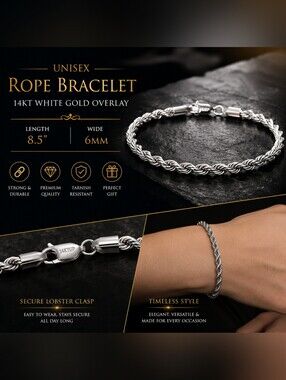 UNISEX 14KT WHITE GOLD OVERLAY ROPE BRACELET